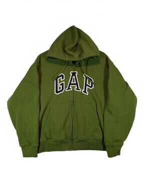 Gap Full Zip Logo Hoodie Fleece Spellout Green Pocket Sweatshirt Womens Size L